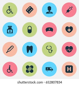 Medicine Icons Set. Collection Of Review, Injection, Bandage Elements. Also Includes Symbols Such As Tooth, Claw, Handicapped.