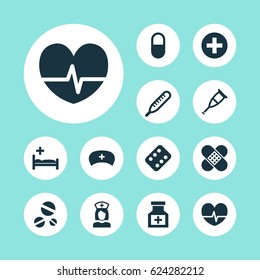 Medicine Icons Set. Collection Of Rhythm, Mercury, Cap And Other Elements. Also Includes Symbols Such As Hat, Cap, Help.