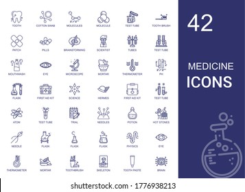 medicine icons set. Collection of medicine with tooth, cotton swab, molecules, molecule, test tube, tooth brush, patch, pills, brainstorming. Editable and scalable medicine icons.