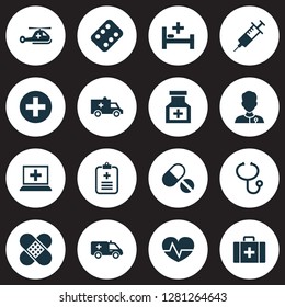 Medicine icons set with computer, medical sign, data and other chest elements. Isolated vector illustration medicine icons.