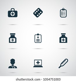 Medicine icons set with computer, medicine, record and other healer elements. Isolated vector illustration medicine icons.