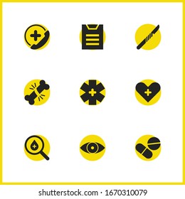 Medicine icons set with drug, medical heart and scalpel elements. Set of medicine icons and sight concept. Editable vector elements for logo app UI design.