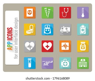 iconos de medicina ambientados en diseño plano con sombra larga