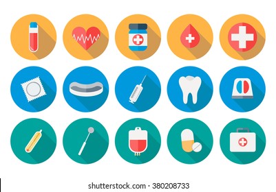 Medicine icons set in flat design with long shadow illustration vector