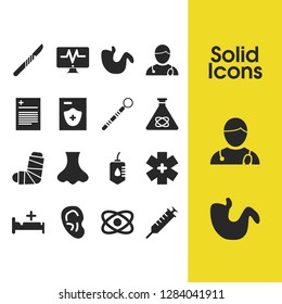 Medicine icons set with gypsum, scalpel and document elements. Set of medicine icons and injury concept. Editable vector elements for logo app UI design.