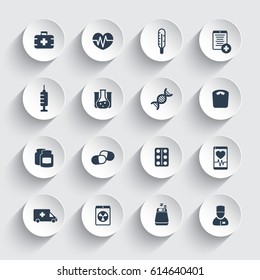 medicine icons set, health care, ambulance, hospital, pills, drugs, medicament