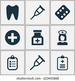 Medicine Icons Set. Includes Symbols Such As Cure, Medicine, crutches