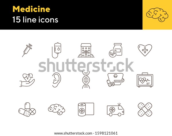 Medicine icons. Set of line icons. Human DNA,\
hospital building, blood infusion. Medical treatment concept.\
Vector illustration can be used for topics like medicine,\
healthcare, pharmacy