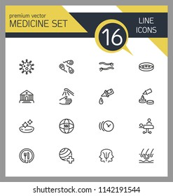 Medicine icons. Set of  line icons. Sport doctor, wheelchair, emergency. Medical and health care concept. Vector illustration can be used for topics like hospital, hygiene, urgent help.