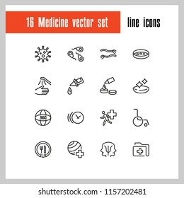 Medicine icons. Set of  line icons. Sport doctor, wheelchair, emergency. Medical and health care concept. Vector illustration can be used for topics like hospital, hygiene, urgent help.