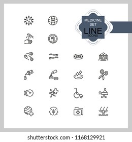 Medicine icons. Set of  line icons. Sport doctor, wheelchair, emergency. Medical and health care concept. Vector illustration can be used for topics like hospital, hygiene, urgent help.