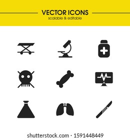 Medicine icons set with lungs, microscope and glassware elements. Set of medicine icons and flask concept. Editable vector elements for logo app UI design.