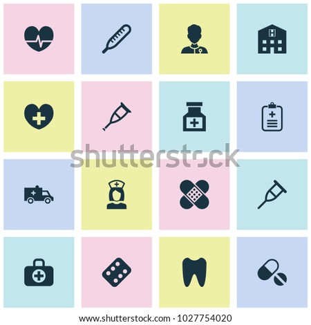 Medicine icons set with medic, pellets, tooth and other bandage elements. Isolated vector illustration medicine icons.