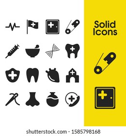 Medicine icons set with mortar, flag and nose elements. Set of medicine icons and artery concept. Editable vector elements for logo app UI design.