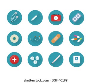 Medicine icons set on web buttons. Safety pins syringe kit pills stethoscope plaster drugs thermometer medicines. Items tools for for medical care. For websites and mobile applications. Vector