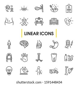 Medicine icons set with oncology, pelvis and tooth elements. Set of medicine icons and hospital concept. Editable vector elements for logo app UI design.