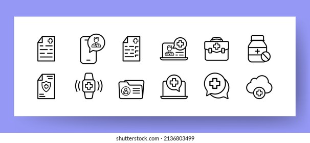 Iconos de medicina establecidos. Médico online de iconos, marca de control médico, pastillas y documentos médicos. Concepto de medicina. Atención de la salud. EPS vectorial 10.