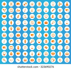 Medicine icons set, orange image in white circle on blue background