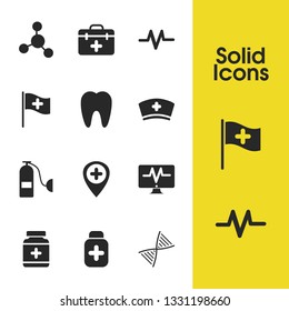 Medicine icons set with pill bottle, medical case and tooth hearts elements. Set of medicine icons and air cylinder concept. Editable vector elements for logo app UI design.