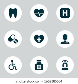 Medicine icons set with pulse, tooth, nurse and other pills elements. Isolated vector illustration medicine icons.