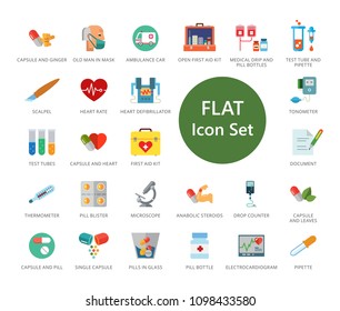 Medicine icons set. Thirty three multicolored flat icons