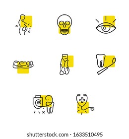 Medicine icons set with tooth floss, teeth and stethoscope elements. Set of medicine icons and trachea concept. Editable vector elements for logo app UI design.