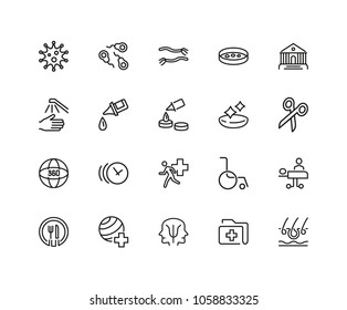 Medicine icons. Set of twenty line icons. Sport doctor, wheelchair, emergency. Medical and health care concept. Vector illustration can be used for topics like hospital, hygiene, urgent help.