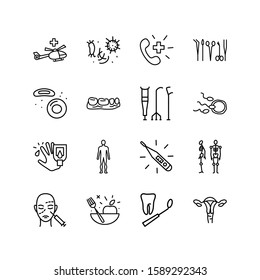 Medicine icons set with uterus, ambulance helicopter and diabetes elements. Set of medicine icons and ovary concept. Editable vector elements for logo app UI design.