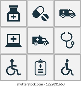 Medicine icons set with wheelchair, medicine, ambulance and other analyzes elements. Isolated vector illustration medicine icons.