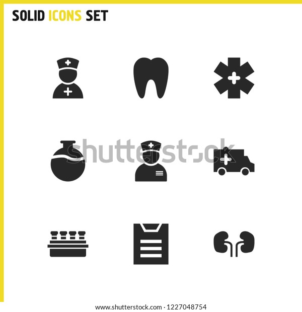 Medicine icons set with\
woman paramedic, kidneys and laboratory elements. Set of medicine\
icons and ambulance concept. Editable vector elements for logo app\
UI design.