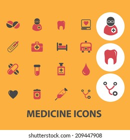 medicine icons, signs, objects set, vector