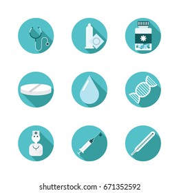 Medicine icons: Stethoscope, condom, pill, dna, syringe, drop, doctor. thermometer, medicine bottle