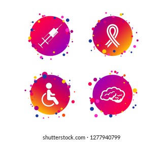 Medicine icons. Syringe, disabled, brain and ribbon signs. Breast cancer awareness symbol. Handicapped invalid. Gradient circle buttons with icons. Random dots design. Vector