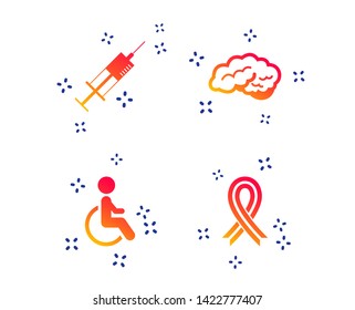 Medicine icons. Syringe, disabled, brain and ribbon signs. Breast cancer awareness symbol. Handicapped invalid. Random dynamic shapes. Gradient medicine icon. Vector