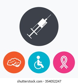 Medicine icons. Syringe, disabled, brain and ribbon signs. Breast cancer awareness symbol. Handicapped invalid. Circle flat buttons with icon.