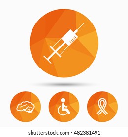 Medicine icons. Syringe, disabled, brain and ribbon signs. Breast cancer awareness symbol. Handicapped invalid. Triangular low poly buttons with shadow. Vector