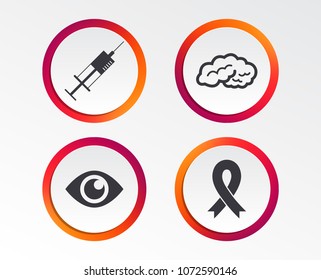 Medicine icons. Syringe, eye, brain and ribbon signs. Breast cancer awareness symbol. Human intelligent smart mind. Infographic design buttons. Circle templates. Vector