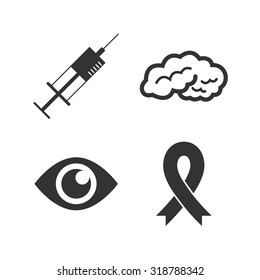 Medicine icons. Syringe, eye, brain and ribbon signs. Breast cancer awareness symbol. Human intelligent smart mind. Flat icons on white. Vector