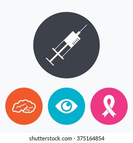 Medicine icons. Syringe, eye, brain and ribbon signs. Breast cancer awareness symbol. Human intelligent smart mind. Circle flat buttons with icon.