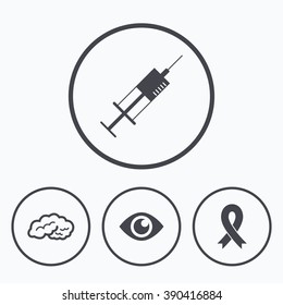 Medicine icons. Syringe, eye, brain and ribbon signs. Breast cancer awareness symbol. Human intelligent smart mind. Icons in circles.