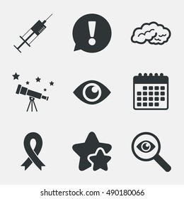 Medicine icons. Syringe, eye, brain and ribbon signs. Breast cancer awareness symbol. Human intelligent smart mind. Attention, investigate and stars icons. Telescope and calendar signs. Vector