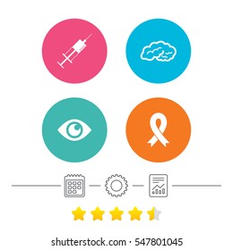 Medicine icons. Syringe, eye, brain and ribbon signs. Breast cancer awareness symbol. Human intelligent smart mind. Calendar, cogwheel and report linear icons. Star vote ranking. Vector