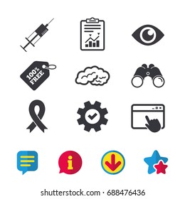 Medicine icons. Syringe, eye, brain and ribbon signs. Breast cancer awareness symbol. Human intelligent smart mind. Browser window, Report and Service signs. Binoculars, Information and Download icons