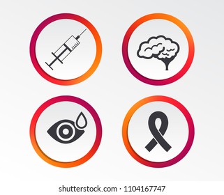 Medicine icons. Syringe, eye with drop, brain and ribbon signs. Breast cancer awareness symbol. Human smart mind. Infographic design buttons. Circle templates. Vector