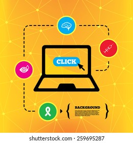 Medicine icons. Syringe, eye with drop, brain and ribbon signs. Breast cancer awareness symbol. Human smart mind. Notebook device orange background with icons. Vector