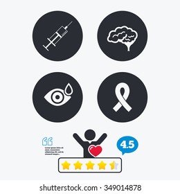 Medicine icons. Syringe, eye with drop, brain and ribbon signs. Breast cancer awareness symbol. Human smart mind. Star vote ranking. Client like and think bubble. Quotes with message.