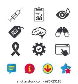 Medicine icons. Syringe, eye with drop, brain and ribbon signs. Breast cancer awareness symbol. Human smart mind. Browser window, Report and Service signs. Binoculars, Information and Download icons