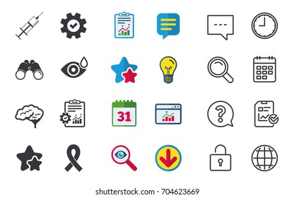 Medicine icons. Syringe, eye with drop, brain and ribbon signs. Breast cancer awareness symbol. Human smart mind. Chat, Report and Calendar signs. Stars, Statistics and Download icons. Vector