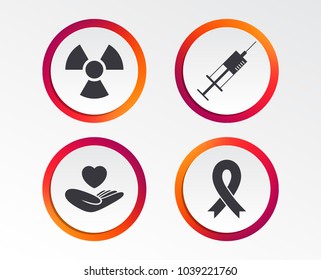 Medicine icons. Syringe, life insurance, radiation and ribbon signs. Breast cancer awareness symbol. Hand holds heart. Infographic design buttons. Circle templates. Vector