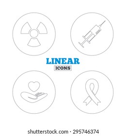 Medicine icons. Syringe, life insurance, radiation and ribbon signs. Breast cancer awareness symbol. Hand holds heart. Linear outline web icons. Vector
